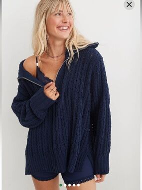 New Aerie Cable Car Quarter Zip Sweater Navy